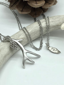 Long antler pendant necklace with mini pinecone, available in Gold, Silver, Rose gold 