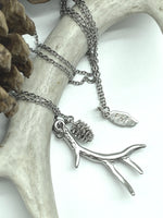 Load image into Gallery viewer, Long antler pendant necklace with mini pinecone, available in Gold, Silver, Rose gold 
