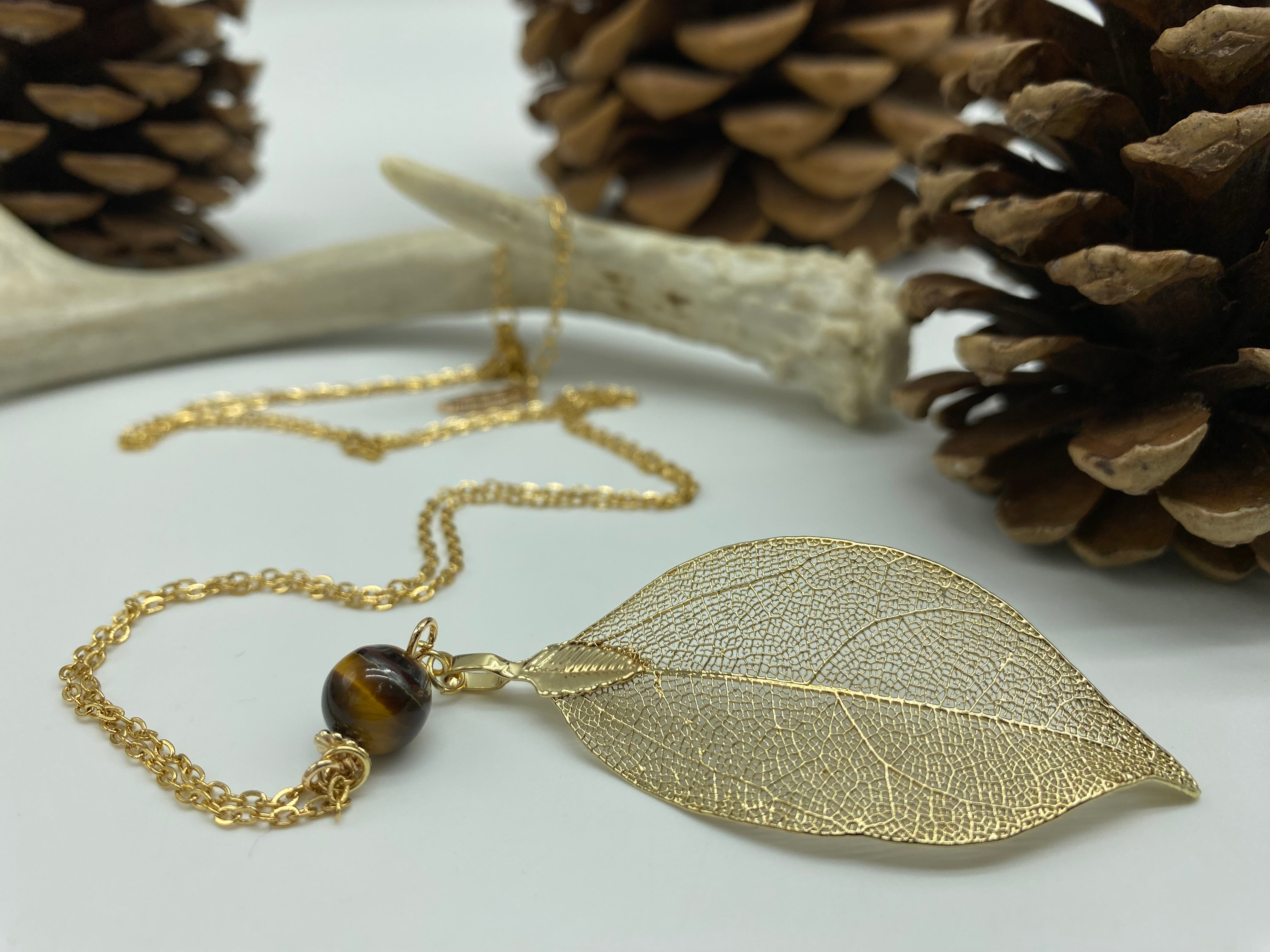 Real Leaf Necklace with Semi-Precious Stone (6 Options Available)