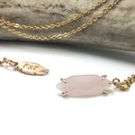 Load image into Gallery viewer, Facetted gold stone crystal necklace comes in amethyst, rose quartz, amazonite, and pure quartz. 
