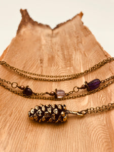 Bronze Boreal Pinecone Pendant Necklace with Natural Stones