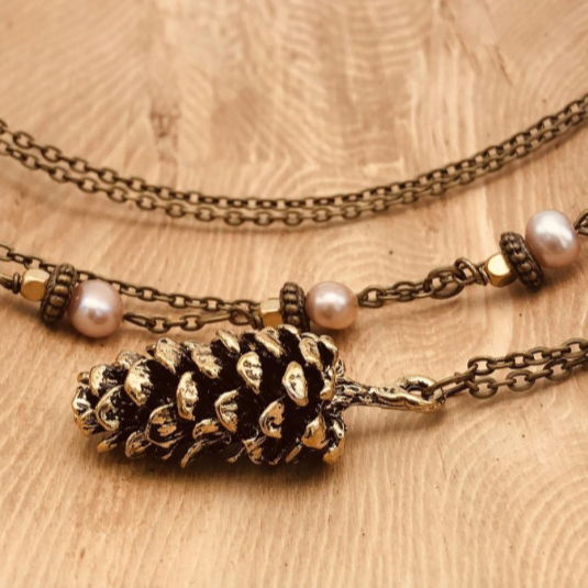 Bronze Boreal Pinecone Pendant Necklace with Natural Stones