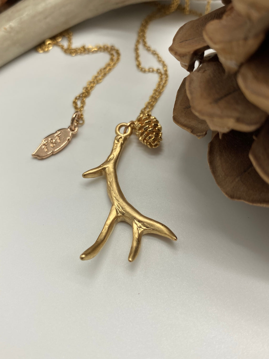 Long antler pendant with mini pinecone, available in Gold, Silver, Rose Gold