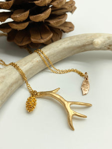 Long antler pendant necklace with mini pinecone, available in Gold, Silver, Rose gold 