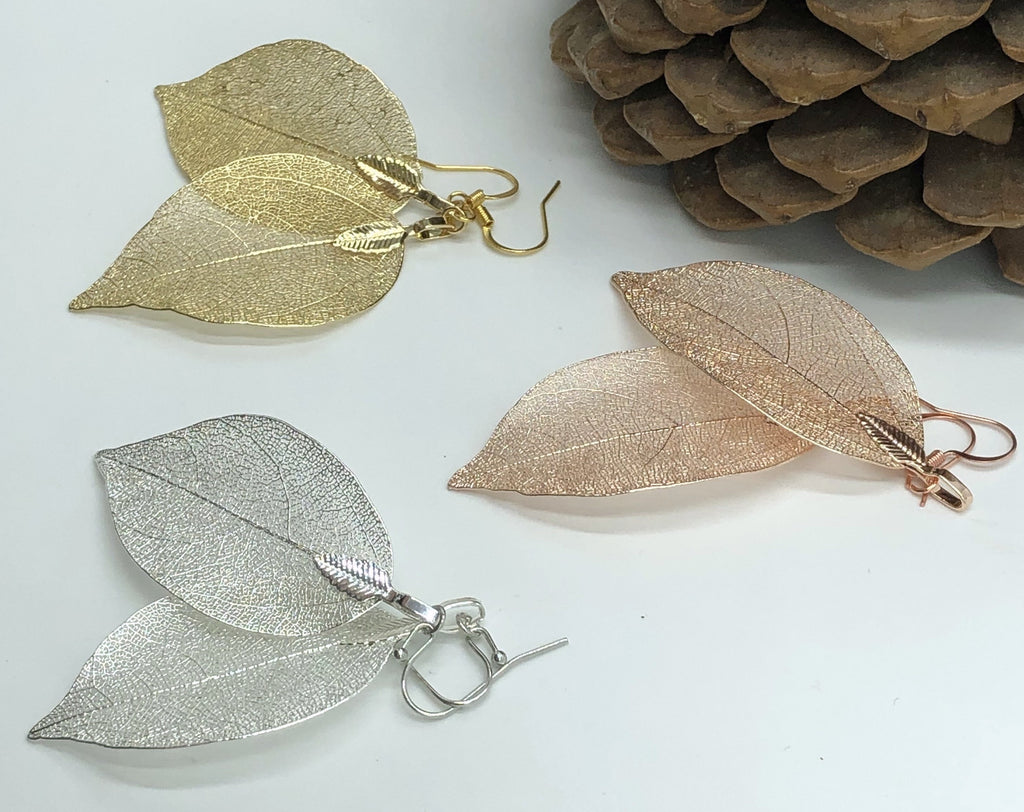 Real leaf earrings available in Gold, Silver, Rose gold