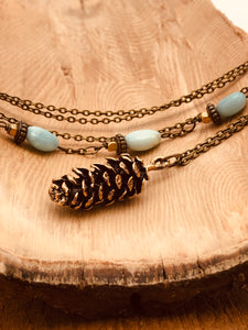 Bronze Pinecone Pendant Necklace - Amazonite